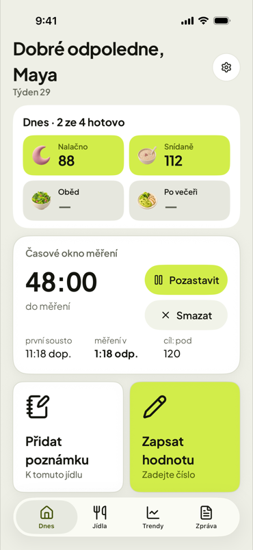 Obrazovka Dnes v aplikaci First Fork s odpočtem času na měření