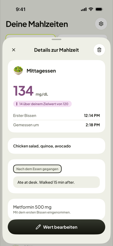 Eine Mahlzeit: Messwert, Notiz, Medikation