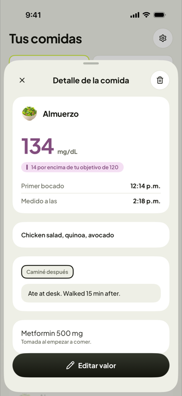 Una comida: lectura, nota, medicación