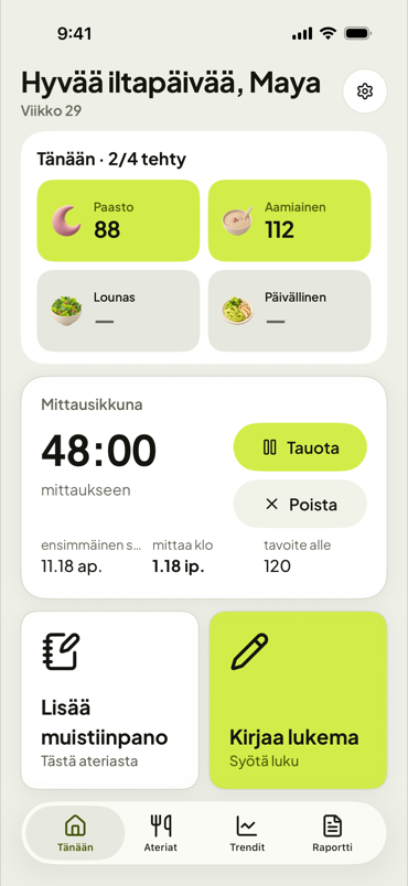First Forkin Tänään-näkymä ja käynnissä oleva mittausikkunan ajastin