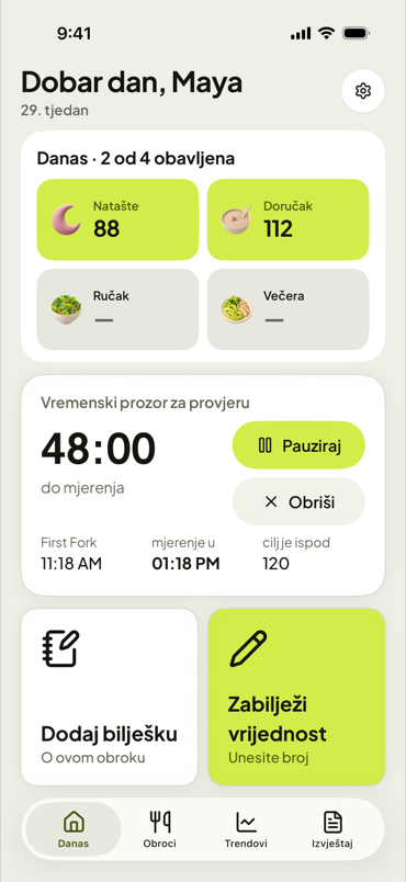 Zaslon Danas u aplikaciji First Fork s prozorom za mjerenje koji odbrojava