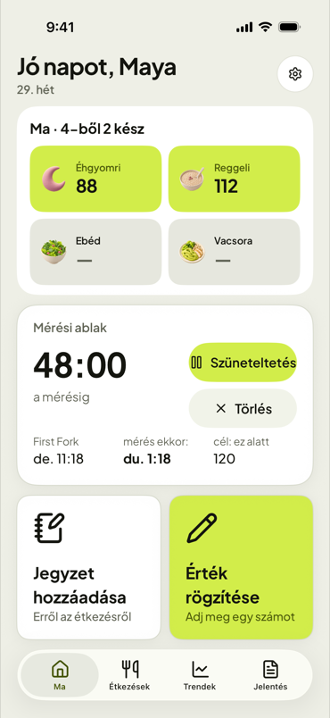 A First Fork Ma képernyője egy visszaszámláló mérési ablakkal