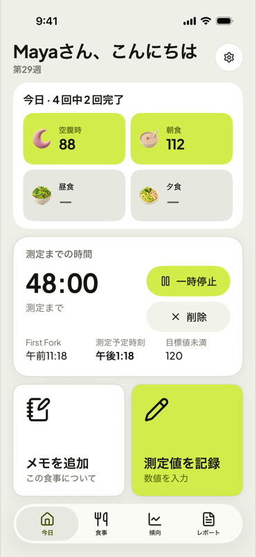 測定時間のカウントダウンが表示されているFirst Forkの「今日」画面
