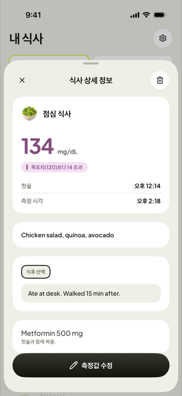 한 끼 식사: 수치, 메모, 복약 기록