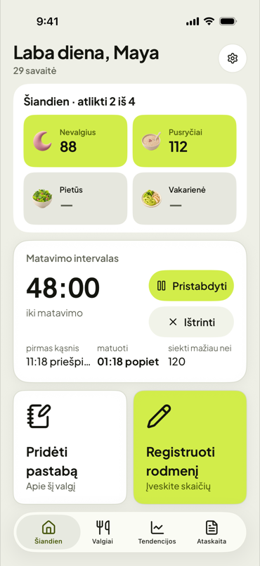 First Fork dienos ekranas su atgaliniu matavimo laiko skaičiavimu