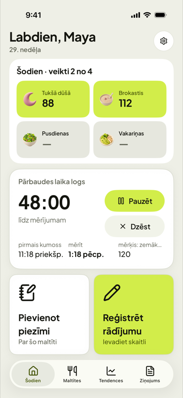 First Fork šodienas ekrāns ar mērījuma laika atskaiti