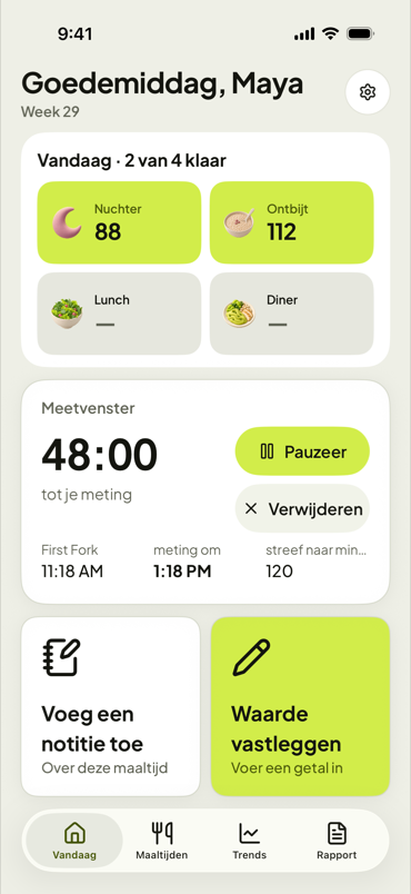Het Vandaag-scherm van First Fork met een aftellend meetmoment