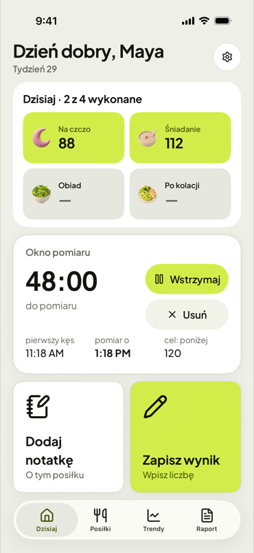 Ekran Dzisiaj aplikacji First Fork z odliczaniem okienka pomiarowego