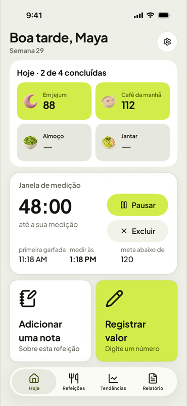 Tela Hoje do First Fork exibindo a contagem regressiva da janela de medição