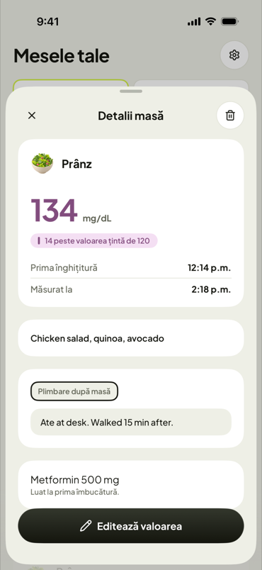 O masă: valoare măsurată, notă, medicație