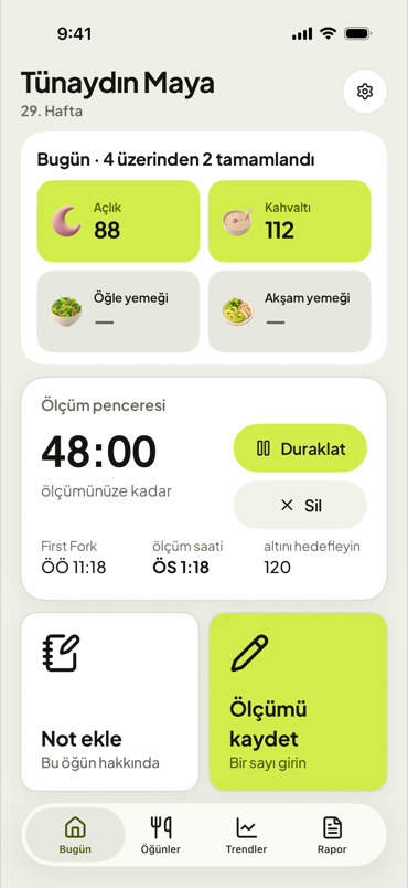 First Fork uygulamasında ölçüm aralığı geri sayan Bugün ekranı