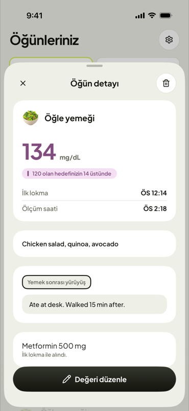 Tek bir öğün: ölçüm, not, ilaç