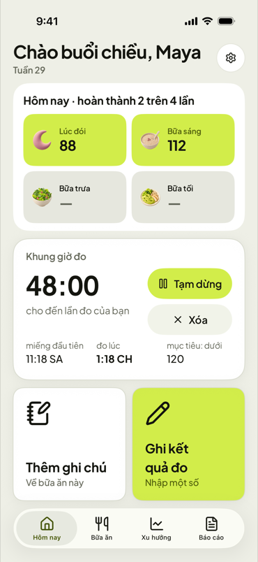 Màn hình Hôm nay của First Fork với khung giờ đo đang đếm ngược