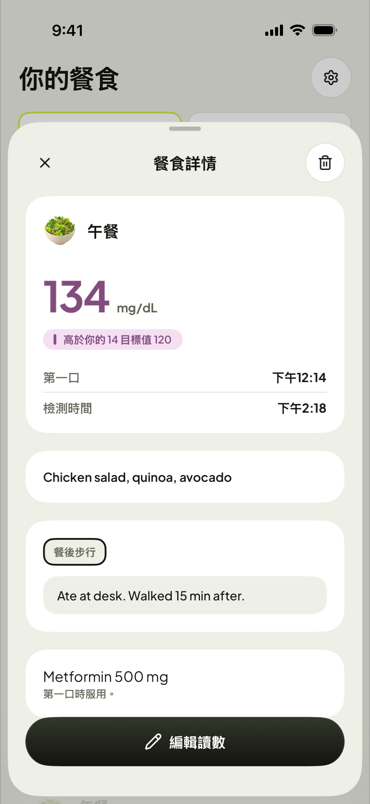 單餐記錄：數值、備註、用藥